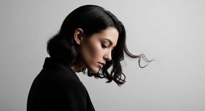 Profile view portrait of a young woman with short or medium-length dark wavy hair looking down thoughtfully against a plain grey background
