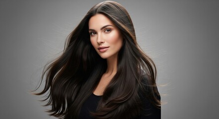 Fototapeta premium Studio portrait of a beautiful woman with long, shiny, healthy dark brown hair flowing smoothly against a grey background