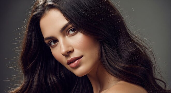 Close-up portrait of a gorgeous woman with beautiful long wavy dark hair looking softly at the camera on a grey background