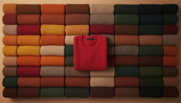 Neatly folded autumn knit sweaters in a dense mosaic pattern with a single red focal point for seasonal retail campaigns and fashion editorial content