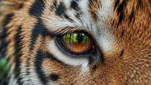 Extreme close up of tiger eye reflecting forest landscape