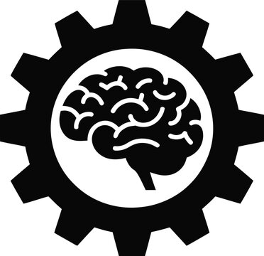 Black and white of a human brain silhouette centered inside a mechanical gear cog, isolated on a white background