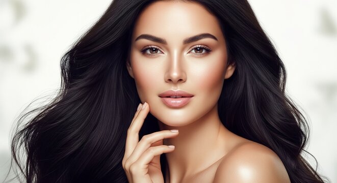 A gorgeous woman with voluminous, long dark hair looking directly at the camera, touching her face with her hand against a bright white background
