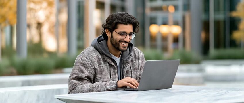 Indian man working on laptop outdoors, Ideal for concepts related to remote work, online learning