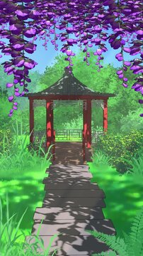 Blooming Wisteria in Japanese Garden