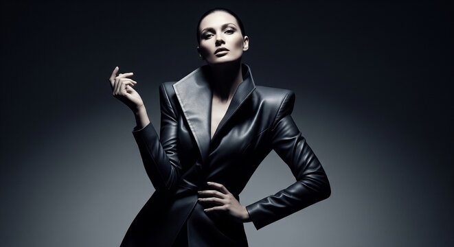 High fashion studio portrait of a confident woman posing in a futuristic black leather jacket with high pointed shoulders