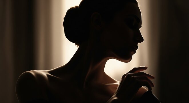 Side profile silhouette of an elegant woman with her hair in a bun, gently touching her collarbone with her hand