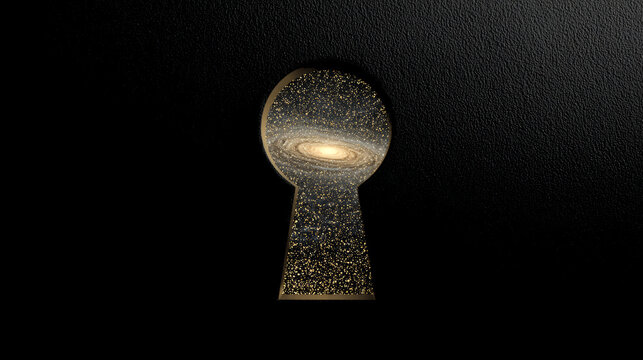 Minimalist keyhole showing a galaxy inside, black and gold conceptual art vector illustration, cosmic mystery, future vision, curiosity, discovery and hidden potential theme, clean background.