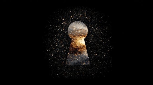 Minimalist keyhole showing a galaxy inside, black and gold conceptual art vector illustration, cosmic mystery, future vision, curiosity, discovery and hidden potential theme, clean background.