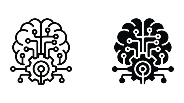 Neural network brain icon with integrated electronic circuit board patterns in outline and solid black graphic styles representing artificial intelligence advancement and digital cognitive processing