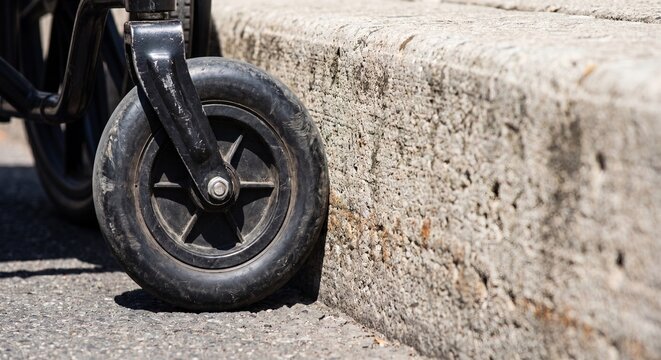 Description: Close-up detail showing the front caster wheel of a manual wheelchair unable to pass over a high concrete street curb, highlighting daily architectural barriers.