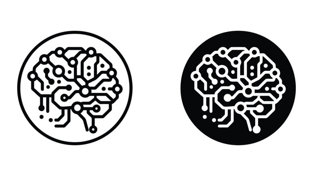 Circular icon featuring human brain with integrated circuit board patterns representing artificial intelligence and neural connectivity in minimalist flat vector design for tech user interfaces