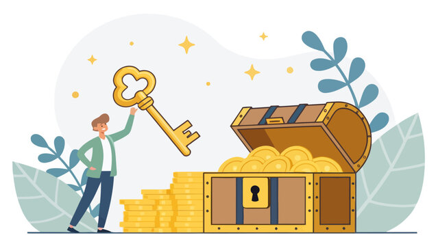 Businessman holding golden key towards treasure chest full of coins with businessman treasure business opportunity strategy solution investment achievement leadership valuable financial