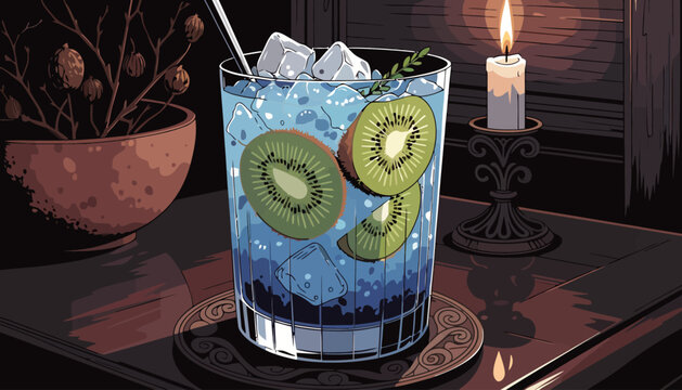 A refreshing blue fruit cocktail with kiwi slices and ice in a glass on a table with a candle cocktail beverage refreshing romantic mixology refreshment restaurant celebration relaxation