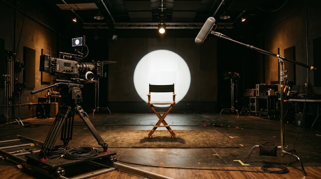 Video production studio with cinema camera, boom microphone, director chair. Concept filmmaking, broadcasting, media production, interview setup, studio technology, content creation. Generative AI.