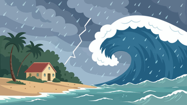 Tsunami wave hitting tropical beach house during thunderstorm with disaster lightning emergency catastrophe tropical environment powerful landscape cataclysm catastrophic