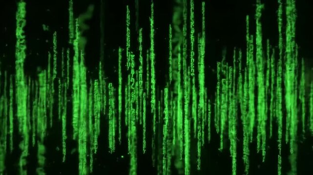 Falling green matrix digital code on black background