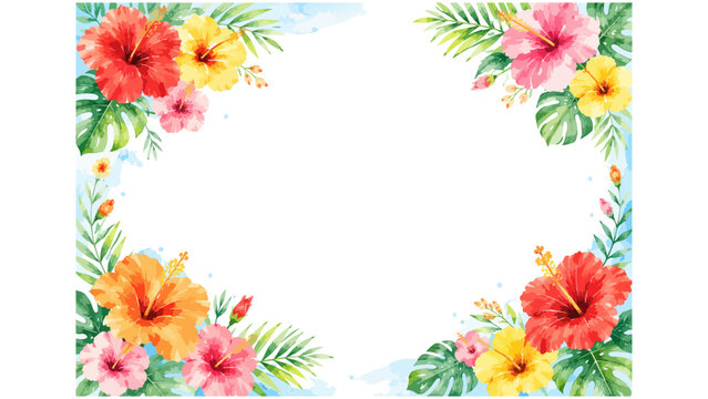 Watercolor tropical hibiscus flower frame border on white background