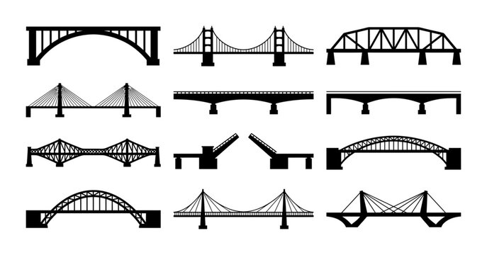 Collection of Various Bridge Construction Structures and Architectural Engineering Designs in Flat Vector Style
