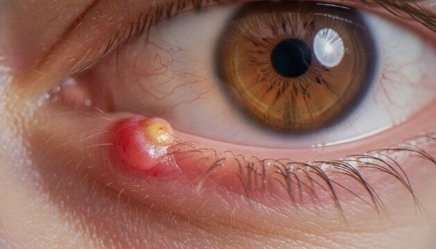 A close-up macro photograph of a person's eye showing a painful-looking hordeolum or stye on the lower eyelid with inflammation and a visible pustule.