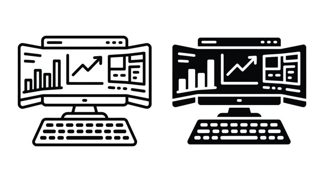 Dual style computer screen displaying financial growth charts and analytical data graphs for business monitoring and digital workspace productivity concepts in modern vector illustration design format