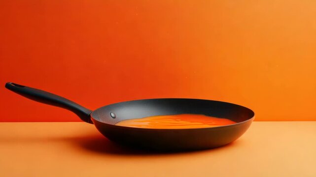 A black pan on an orange surface with orange sauce against a vibrant orange background