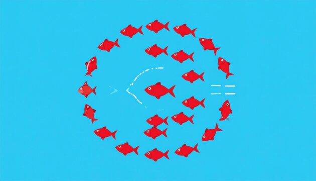 A school of red fish in a circle on blue, with a graphic arrow indicating movement