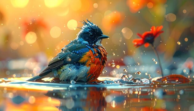 Bird bathes in water, surrounded by flowers & bokeh. Bright, warm colors. Dramatic lighting