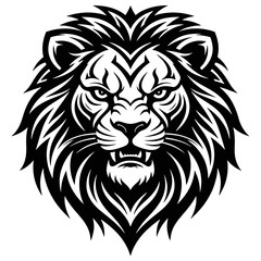 Obraz premium Majestic black and white roaring lion head illustration with intricate mane details and fierce expression.