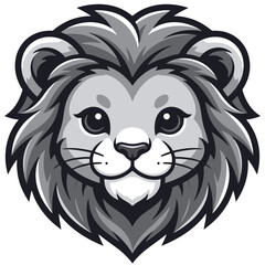 Obraz premium A cute, friendly, cartoon-style lion's head illustration in grayscale with a detailed mane and large eyes.