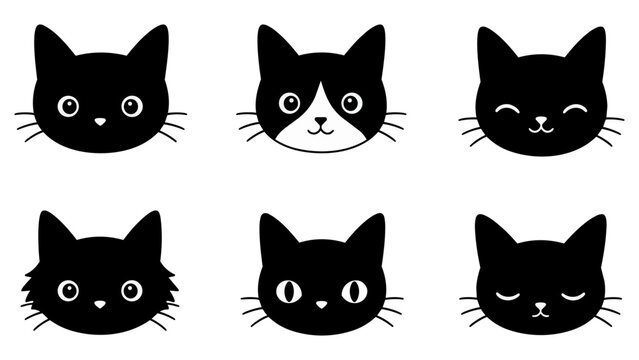 Set of cute black cat face icons with different expressions