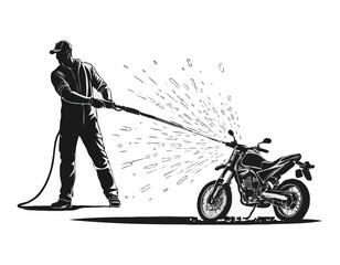 Naklejka premium Silhouette of Man washing a motorcycle with high pressure washer. Spraying water from the hose. Vector black and white illustration of motorcycle wash