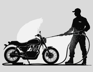 Naklejka premium Silhouette of Man washing a motorcycle with high pressure washer. Spraying water from the hose. Vector black and white illustration of motorcycle wash