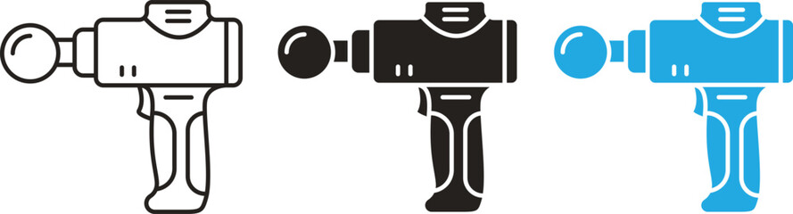 Massage Gun Icon Set Outline Filled and Color Variations for Therapy Recovery © enamulhaque200