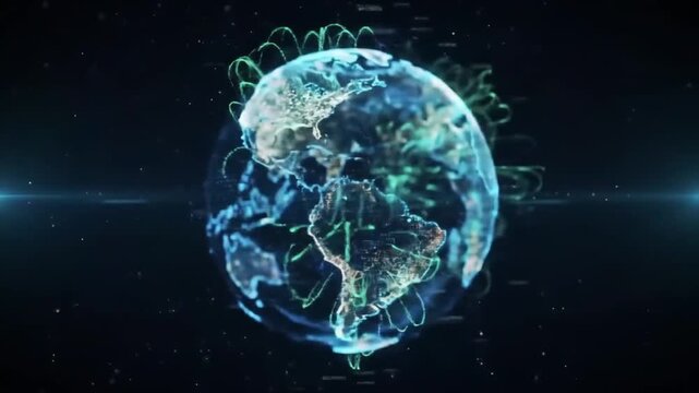 Digital glowing Earth globe with global network connections.