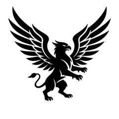 Fototapeta premium A striking black silhouette of a mythical griffin with outstretched wings and sharp talons, symbolizing power and majesty.