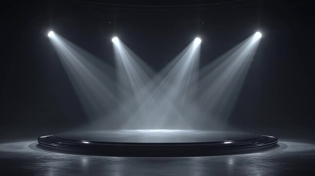 A professional circular stage illuminated by four white spotlights. The dark studio background features realistic light beams through a hazy atmosphere creating a dramatic presentation mood.