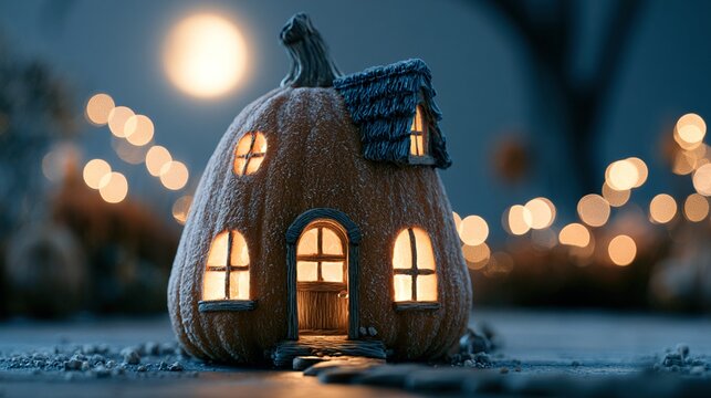 Close-up of tiny, detailed fairy house carved into pumpkin, warm light spilling from windows situated under twilight night canopy
