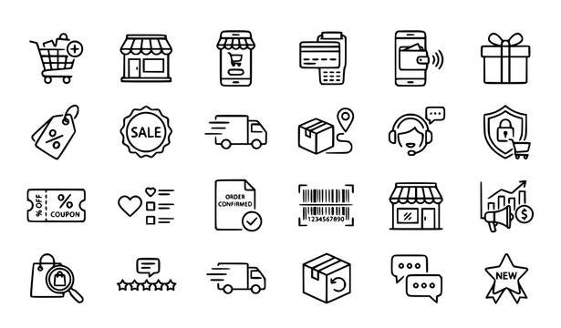 E Commerce Outline Icons Vector Set with Online Shopping Delivery and Payment Symbols