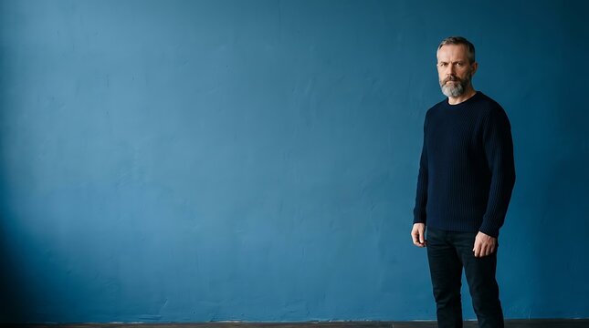 Mature bearded man standing against a blue textured wall