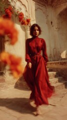 Naklejka premium Artistic fashion portrait of woman in red dress with motion blur and flowers