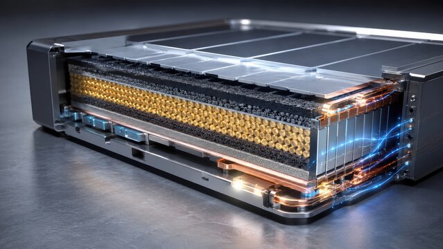 Detailed close-up of high-tech advanced lithium ion battery cell showing internal structure and energy flow system