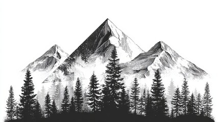 Fototapeta premium Majestic mountain range with tall pine trees in a detailed black and white sketch style on a clean white background