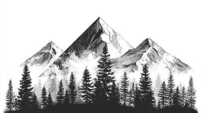 Majestic mountain range with tall pine trees in a detailed black and white sketch style on a clean white background