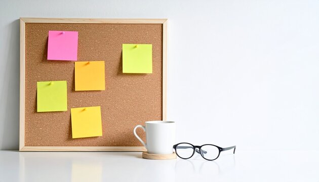 A cork notice board with colorful sticky notes beside a white ceramic coffee mug and black glasses against a minimal white background wall.