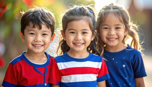 Three Asian children, smiling radiantly in sunlight, embracing, wearing colorful tops