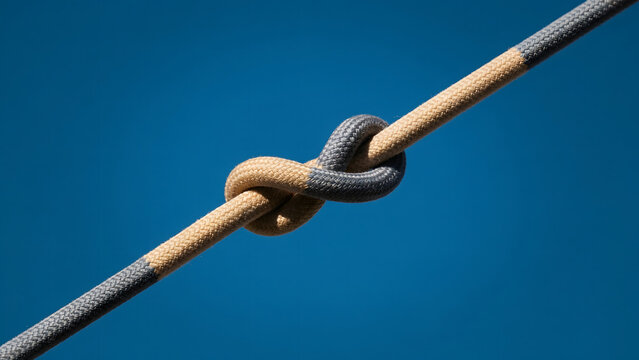 A secure knot tied in a heavy rope against a clear blue sky background