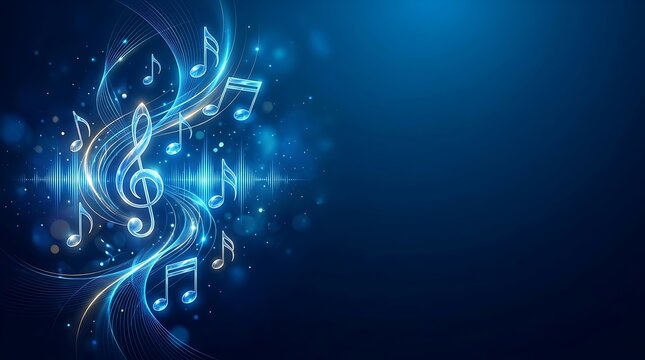 Glowing blue music notes and treble clef with wave pattern