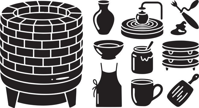 Black kitchen icons, cooking utensils, brick oven, cafe elements, vector set