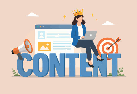 Content is king, advertising strategy to build customer engagement or online audience, storytelling or good articles on website, happy woman writer with laptop the word content wearing king crown